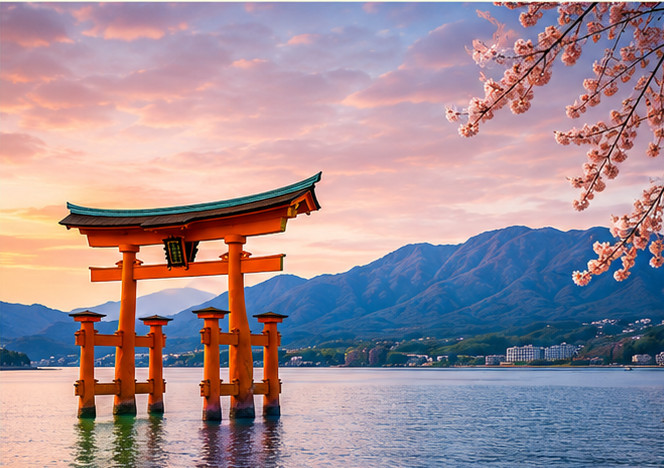 Japan travel planning scene with torii gate and mountain lake
