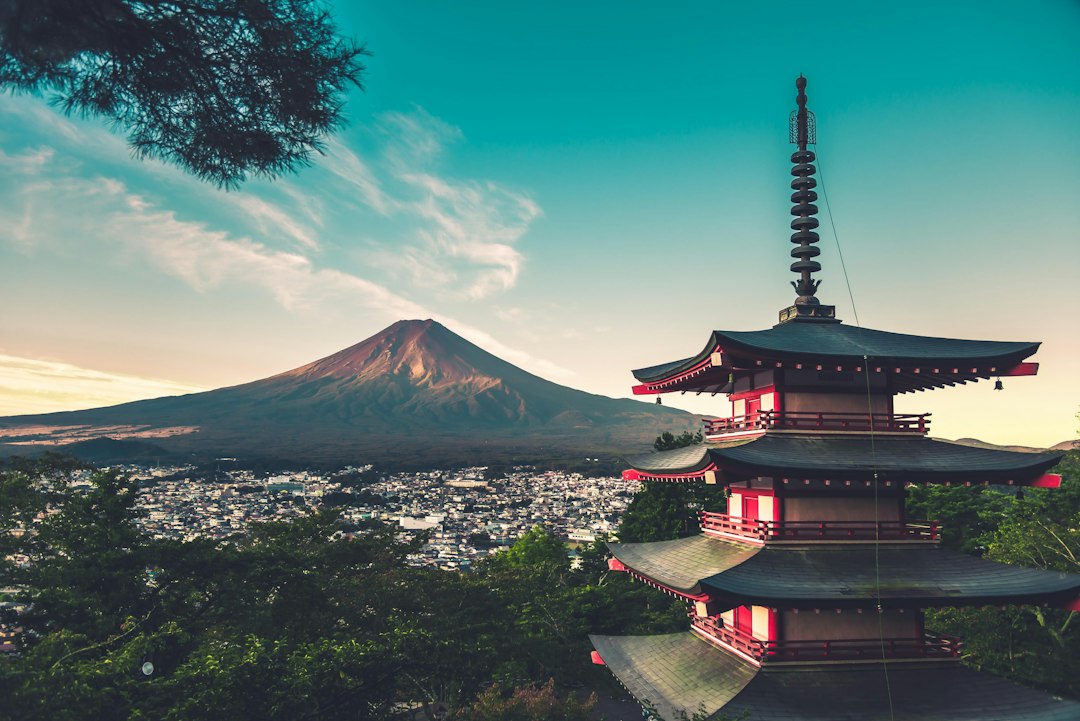 Chureito Pagoda overlooking Fujiyoshida with Mount Fuji in the distance