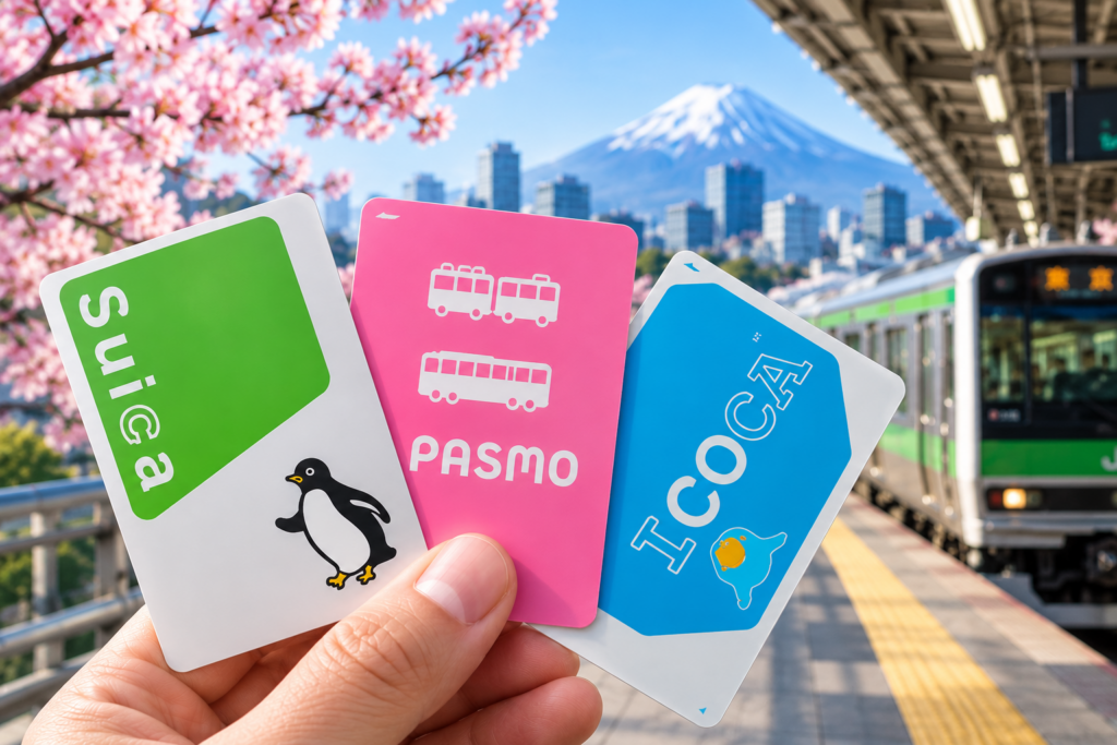 Hand holding Suica, PASMO and ICOCA IC cards at a Japanese train station
