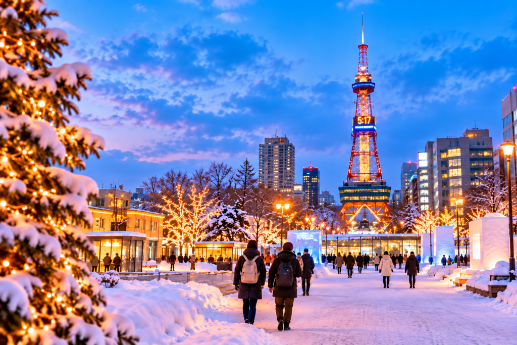 Sapporo winter cityscape at blue hour with illuminated TV Tower, snowy promenade and warm city lights