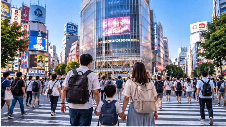 Family walking across a busy Tokyo intersection during a Japan trip