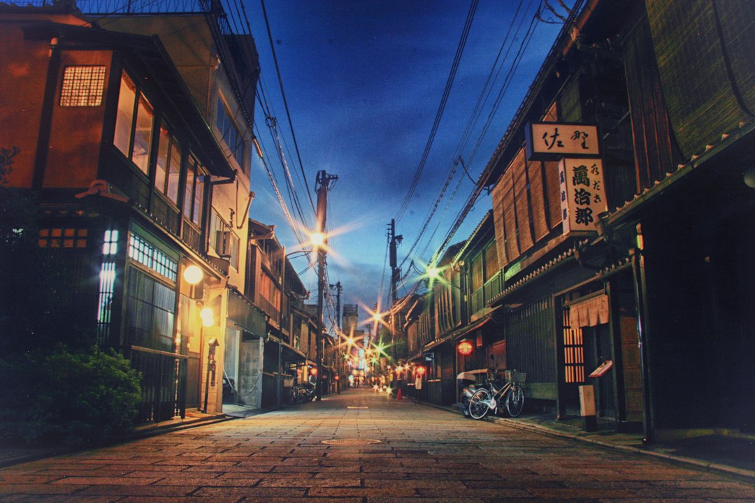 Traditional Gion street in Kyoto illuminated in the evening