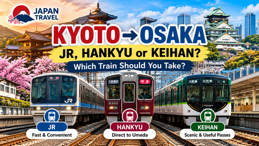 Kyoto to Osaka train comparison featuring JR, Hankyu and Keihan with Japan Travel branding