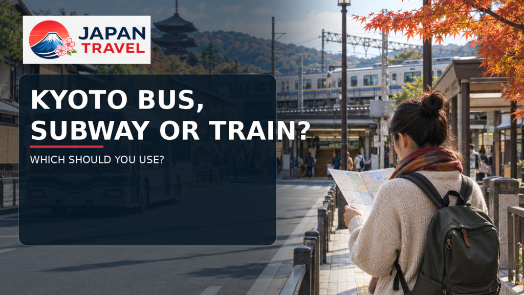 Traveler choosing between bus, subway and train in Kyoto during autumn.