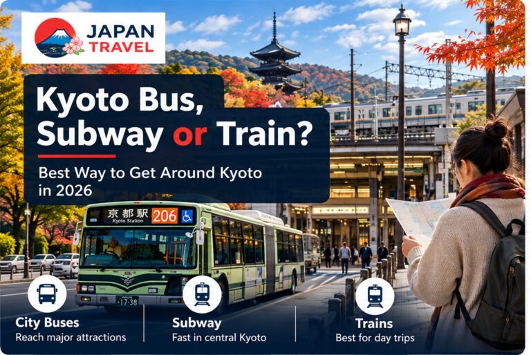 Kyoto autumn travel graphic comparing city buses, subway and trains for getting around Kyoto in 2026.