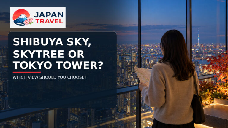 Traveler comparing Tokyo observation decks at blue hour with Tokyo Tower and Tokyo Skytree visible.