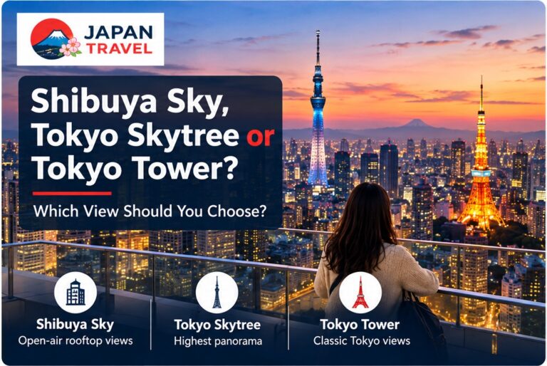 Tokyo skyline travel graphic comparing Shibuya Sky, Tokyo Skytree and Tokyo Tower viewpoints.