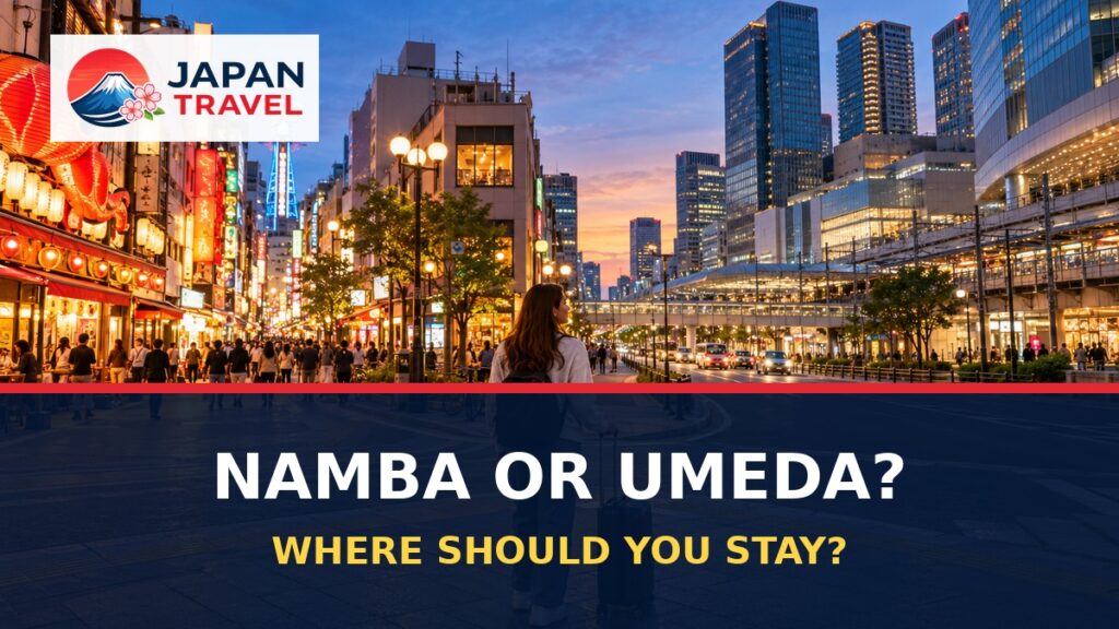 Traveler choosing between Namba nightlife and Umeda transport connections in Osaka
