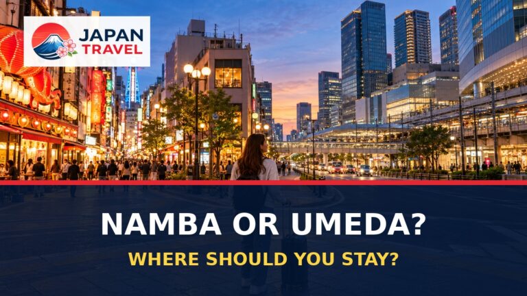 Traveler choosing between Namba nightlife and Umeda transport connections in Osaka