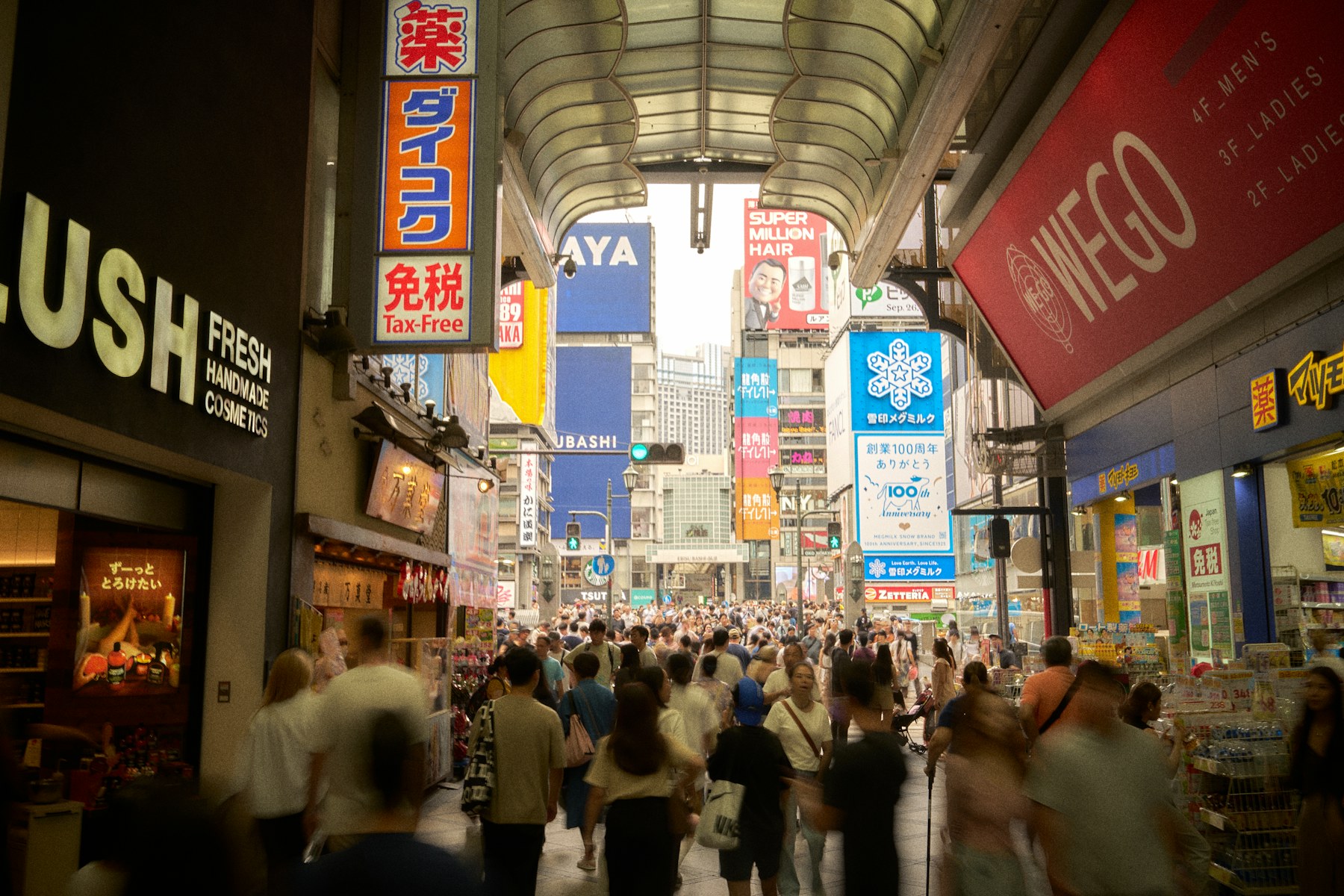 Crowded pedestrian shopping street in Namba, Osaka