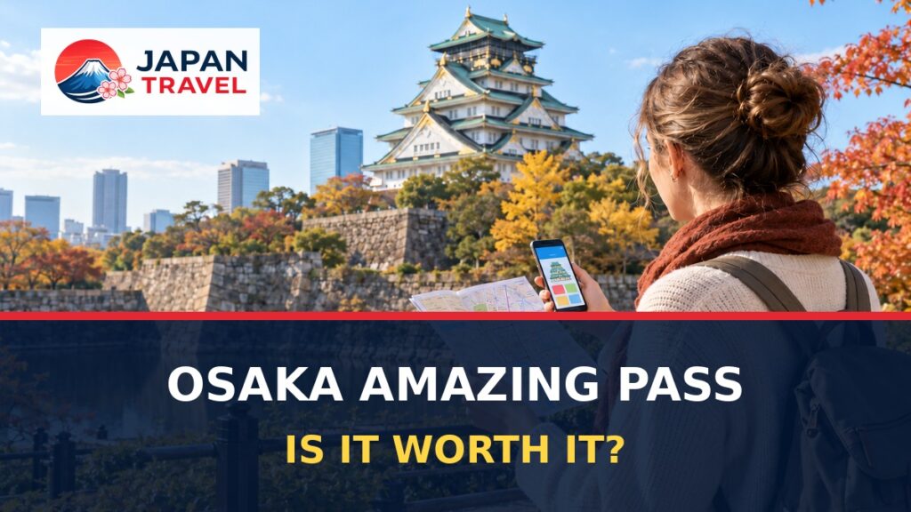 Traveler at Osaka Castle considering whether the Osaka Amazing Pass is worth buying