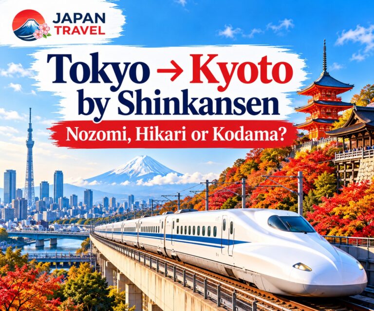 Tokyo to Kyoto by Shinkansen travel guide featuring Nozomi, Hikari and Kodama with Japan Travel branding