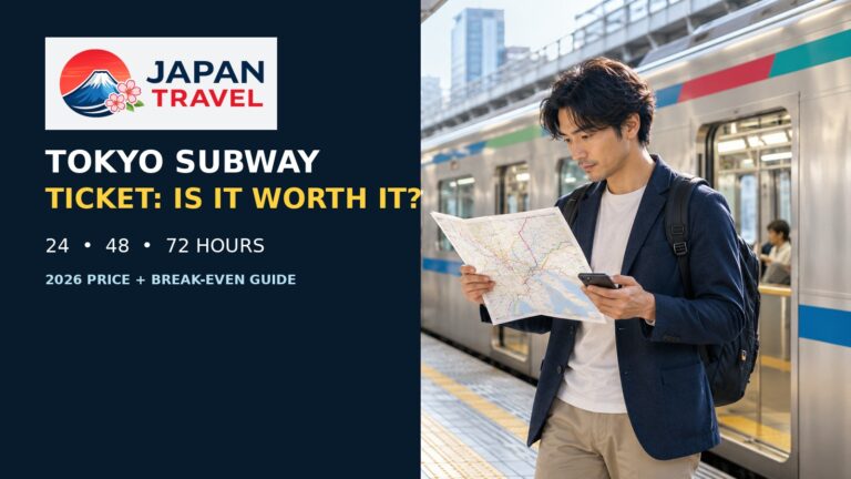 Traveler checking a map at a Tokyo subway station with Japan Travel guide title comparing 24, 48 and 72 hour tickets